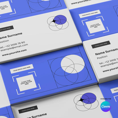 The Minimal Business Card Template | Editable in Canva, Forma 20 Style features a blue and white geometric design with circles and squares, sample contact info, and is ready to customize in Canva.