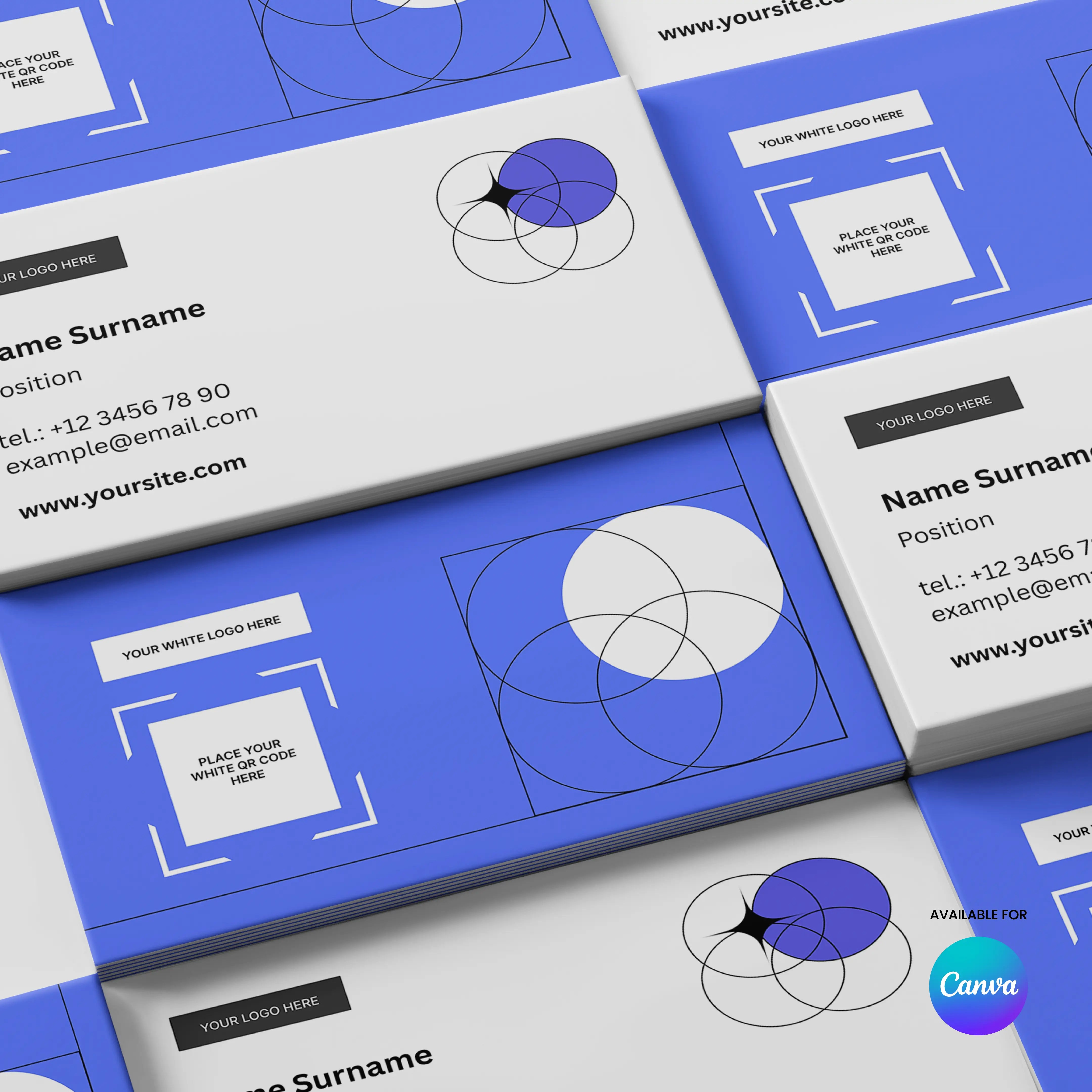 The Minimal Business Card Template | Editable in Canva, Forma 20 Style features a blue and white geometric design with circles and squares, sample contact info, and is ready to customize in Canva.