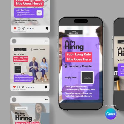 The Social Media Hiring Ad Templates for Canva - Forma 10 Collection are shown on smartphones and tablets, featuring bold "We Are Hiring" text, job title, location, apply instructions, and the Canva logo in the bottom right.