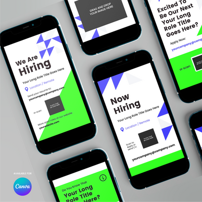Smartphones showcase "Hiring Social Media Story Templates for Canva - Forma 40 Collection," featuring We Are Hiring ads with location, remote work, and email icons in green, white, black, and purple for a vibrant recruiting campaign.