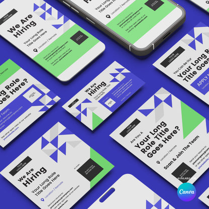 The Social Media Hiring Ad Templates for Canva - Forma 40 Collection features digital and print templates in green, purple, black, and white on a blue geometric background with job openings text. Canva logo shown bottom right.