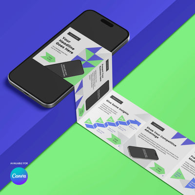 A smartphone displays the "Social Media Carousel Template - Forma 40 Collection" by More By Us, shown on Canva with geometric shapes, sample text, arrows, and a Canva logo. The setup spans blue and green surfaces.
