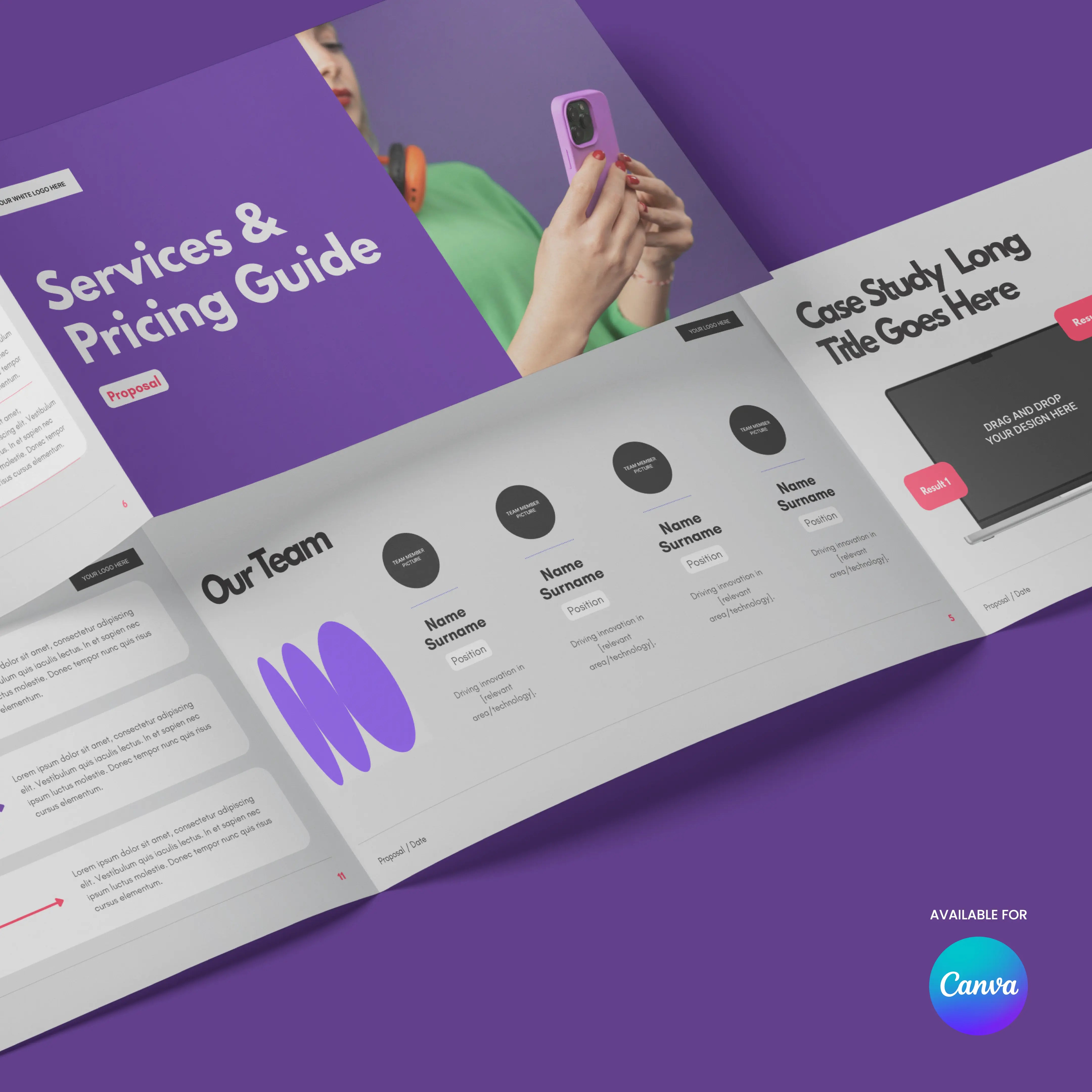 An open purple-themed Service Proposal & Pricing Presentation | Canva Template, Forma 10 Collection sits on a purple surface, showing sections like Services & Pricing Guide, Our Team, and Case Study—ideal for modern pitches. Canva logo in the corner.