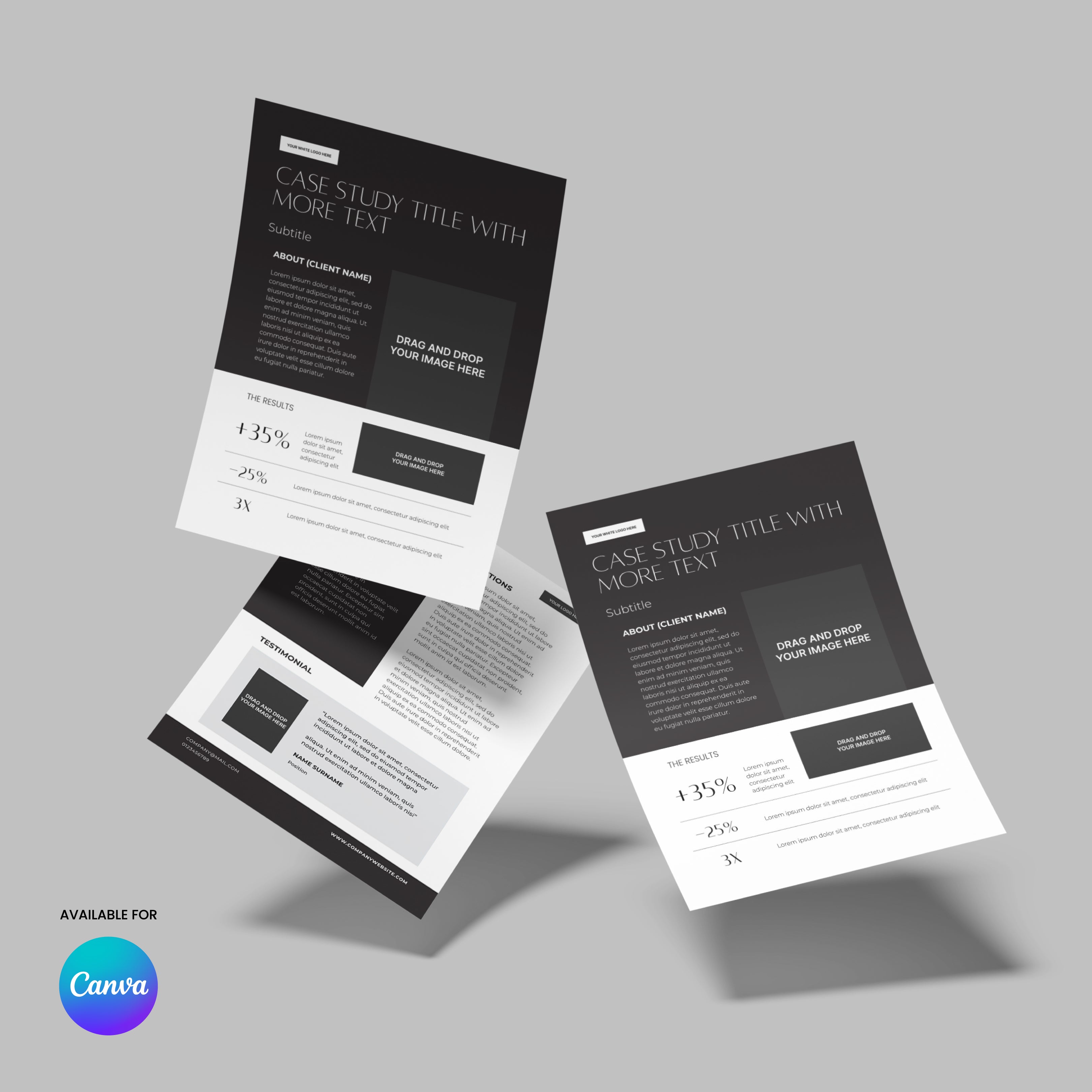 Three black and white flyers from the Case Study Template for Canva – Forma 60 Collection float on a light gray background, each featuring title, subtitle, results sections, and the Canva logo at the bottom left.