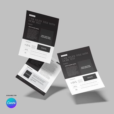 Three minimalist case study templates from the Case Study Template for Canva – Forma 60 Collection by More By Us | The Brand Store float on a gray background, with a Canva logo and “AVAILABLE FOR Canva” label displayed at the bottom left.
