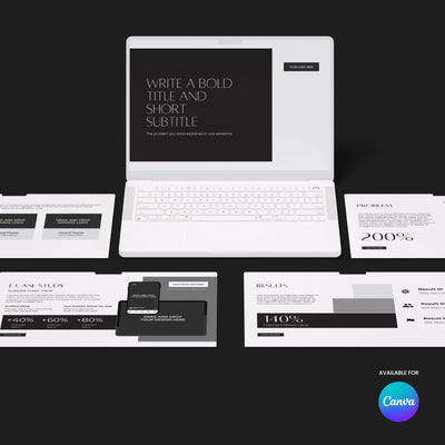 A white laptop and four layout examples on a black background showcase bold titles, charts, and text. The editable “Sales Deck Template for Canva – Forma 60 Collection” by More By Us is shown with the Canva logo below.
