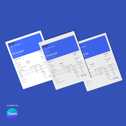 Three digital Invoice Template – Forma 30 Edition designs (US & EU formats) with a blue header and white body are shown side by side on a blue background. The Canva logo in the corner highlights easy editing through Canva.