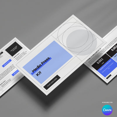 A digital mockup displays the Blue Media Press Kit Template for Canva from the Forma 20 Collection by More By Us | The Brand Store, featuring geometric blue and white layouts and a Canva logo in the lower right corner.