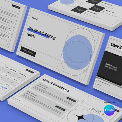 Showcased on a blue surface, the Forma 20 Proposal Deck Template for Canva by More By Us features editable sections like Services, Pricing Guide, Client Feedback, and Case Study—perfect for startups and B2B. Canva logo featured; fully customizable presentation.