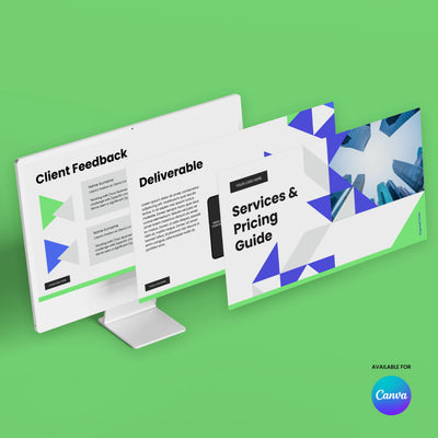 The Proposal Deck Template for Canva – Forma 40 Collection by More By Us | The Brand Store displays three overlapping slides with modern geometric designs and customizable layouts labeled Client Feedback, Deliverable, and Services Pricing Guide. Canva logo in corner.
