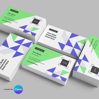 The Business Card Template for Canva from the Forma 40 Collection by More By Us | The Brand Store features stacks of modern cards with geometric blue, green, and purple shapes, editable text fields, and a bold design. Canva logo included.