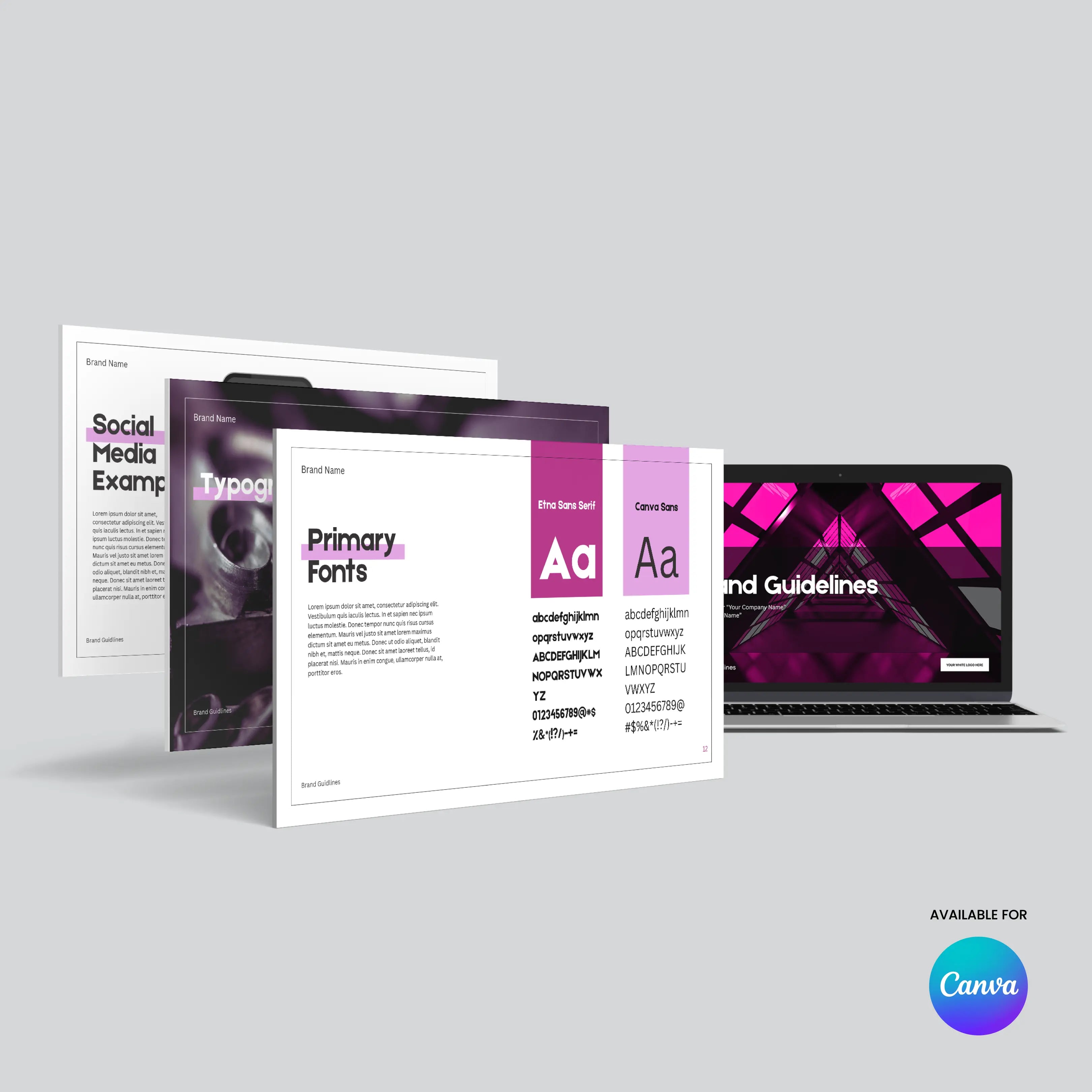 A laptop shows the Modern Brand Identity Template | Canva Brand Guidelines Layout on its screen, with three printed pages featuring fonts and social media templates in front. A Canva logo and Available for Canva text are in the lower right corner.