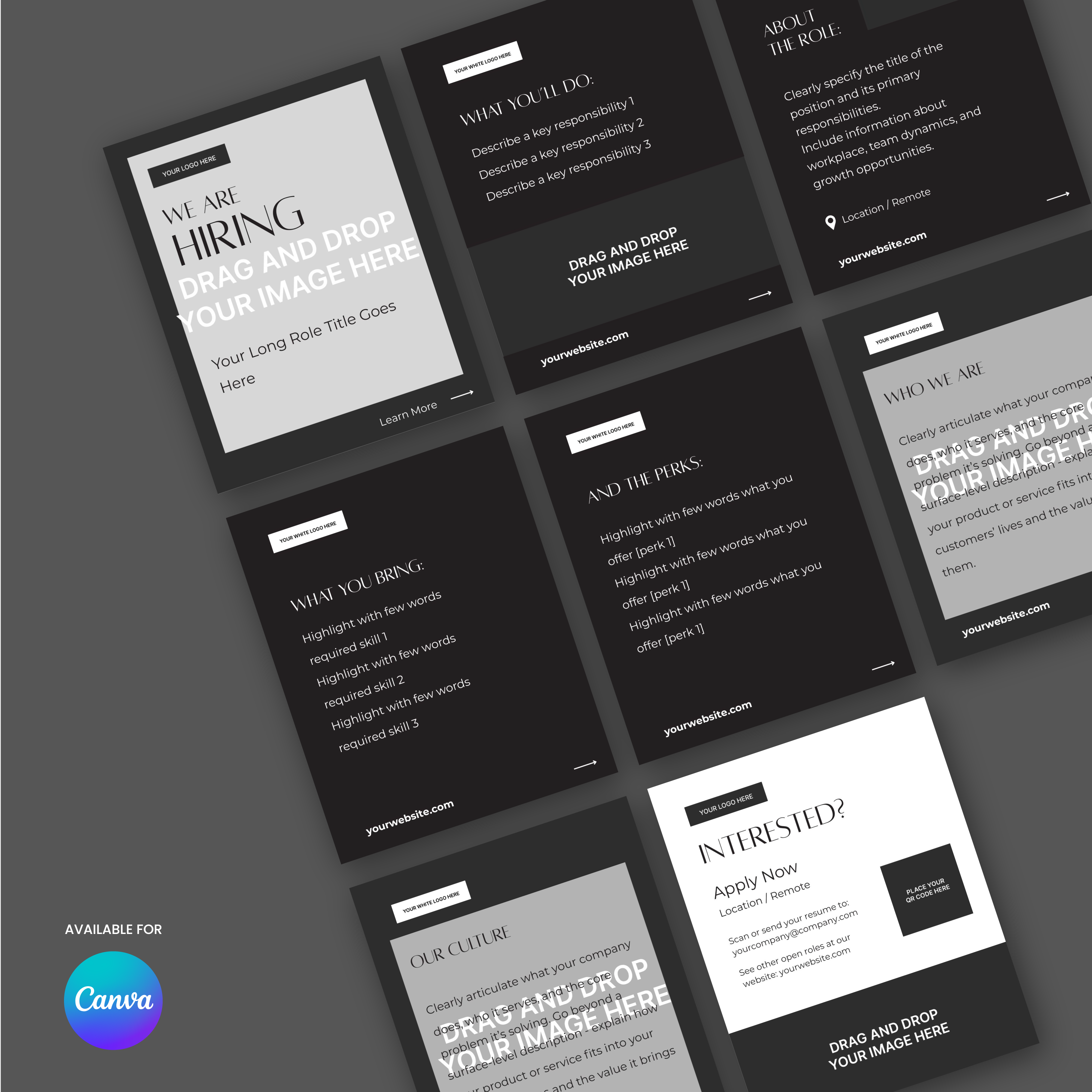 The Forma 60 Collection's grayscale 3x3 grid of Social Media Hiring Carousel Templates for Canva showcases structured posts with job role, company info, and application details. One flyer features "We are hiring." Canva logo and availability appear bottom left.