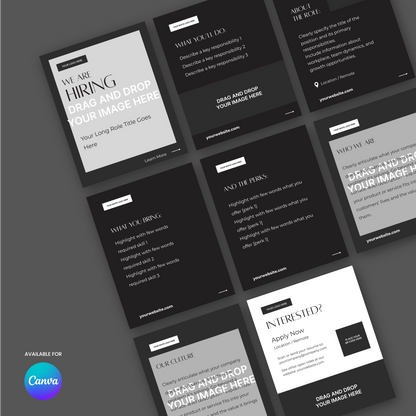The Forma 60 Collection's grayscale 3x3 grid of Social Media Hiring Carousel Templates for Canva showcases structured posts with job role, company info, and application details. One flyer features "We are hiring." Canva logo and availability appear bottom left.