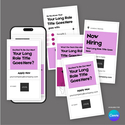 A smartphone and several recruitment flyers feature Now Hiring text using the Pink Hiring Social Media Story Templates for Canva from the Forma 20 Collection by More By Us | The Brand Store, with QR codes, application details, and the Canva logo on white and pink backgrounds.