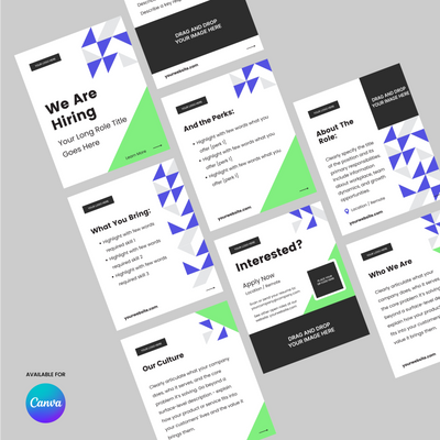 The Hiring Social Media Carousel Template for Canva—Forma 40 Collection by More By Us | The Brand Store features modern slides like We Are Hiring and Our Culture on a grey background with blue and green accents, ideal for standout hiring posts.