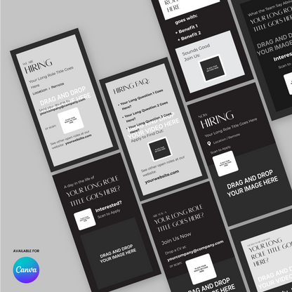The Social Media Hiring Story Templates for Canva – Forma 60 Collection offers minimalist grayscale recruitment ad templates with placeholders for role details, benefits, and images. Features visible Canva logo—perfect for professional hiring announcements.