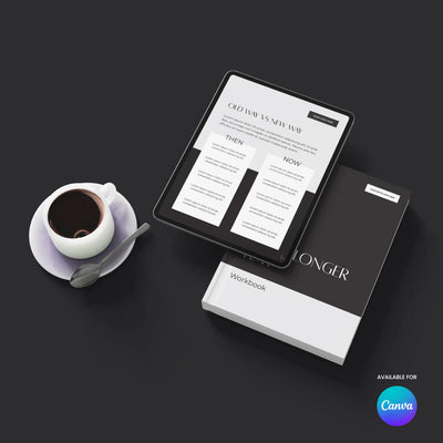 An Editable Workbook Template from the Forma 60 Collection by More By Us sits under a tablet showing a comparison chart, next to coffee. The Canva logo appears in the corner, highlighting its custom layout for learning, planning, and content creation.