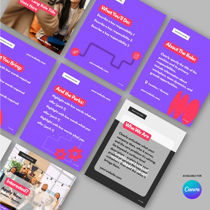 The Social Media Hiring Carousel Templates for Canva – Forma 10 Collection are displayed on a light gray surface, each featuring sections for job title, responsibilities, qualifications, perks, company info, and an "Available for Canva" label.