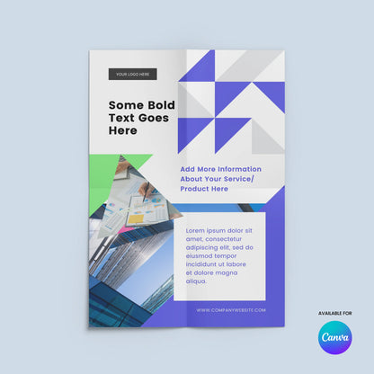 The Flyer Template for Canva - Forma 40 Collection is a modern tri-fold brochure with bold text, image placeholders, and blue, green, white & gray color blocks. Ideal for business services with prompts for service info and website URL; includes Canva logo bottom right.