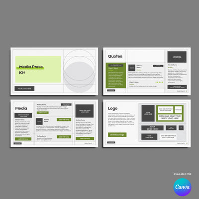 The Green Media Press Kit Template for Canva – Forma 20 Collection by More By Us | The Brand Store features four gray slides with green accents, placeholders for logo, quotes, media mentions, client reviews, and a Canva logo in the bottom right corner.