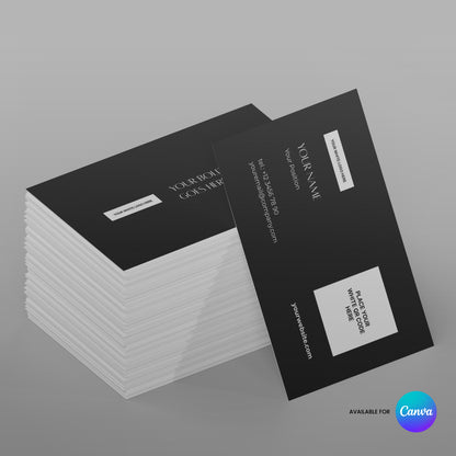 A stack of black business cards, made with the Business Card Template for Canva - Forma 60 Collection, is shown with one card angled on top. The cards feature placeholder details and a website, plus a Canva logo in the bottom right corner.