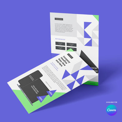 The Forma 40 One-Pager Template for Canva by More By Us | The Brand Store features geometric blue, green, and purple designs with editable text and image placeholders—perfect for sales sheets or company overviews for startups, SaaS, and business profiles.