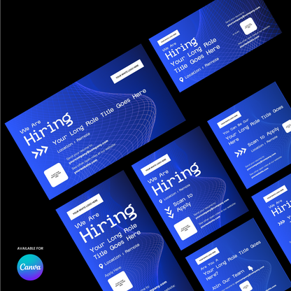 The Social Media Hiring Ad Templates for Canva – Forma 30 Collection features blue digital grid wave designs, editable “We Are Hiring” text, fields for job, location, company, a “Scan to Apply” QR code, and a Canva logo.
