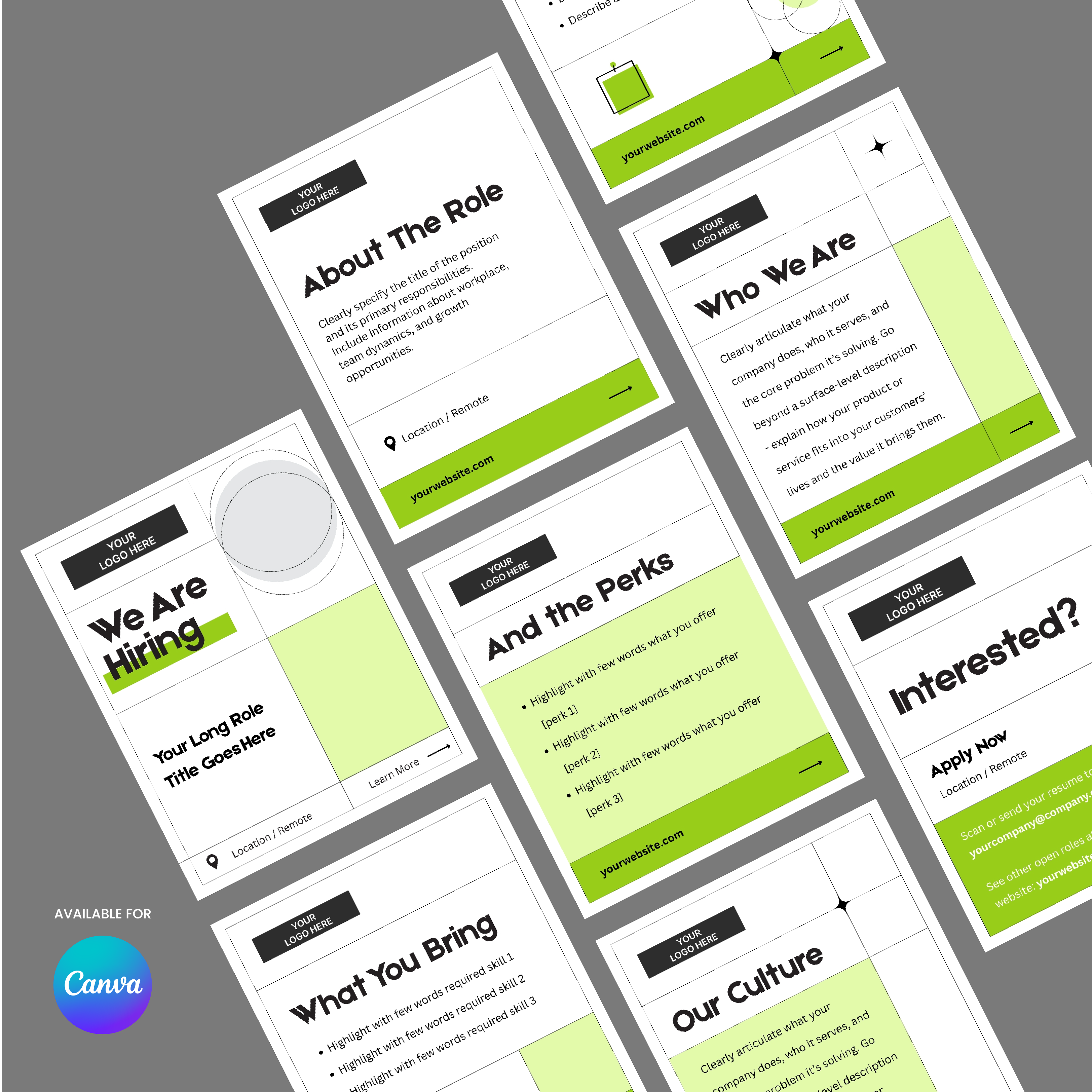 The Hiring Social Media Carousel Template for Canva – Forma 40 Collection features bold black text, green accents, and white backgrounds with sections like We Are Hiring, About The Role, Perks, Our Culture, and Interested?.