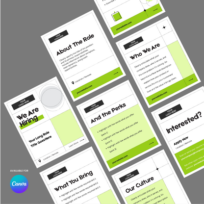The Hiring Social Media Carousel Template for Canva – Forma 40 Collection features bold black text, green accents, and white backgrounds with sections like We Are Hiring, About The Role, Perks, Our Culture, and Interested?.
