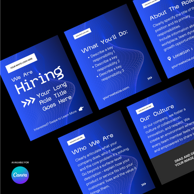 The Forma 30 Collection by More By Us | The Brand Store features five blue and black Social Media Hiring Carousel Templates for Canva, with white text covering job openings, company culture, responsibilities, and details. Canva logo included.