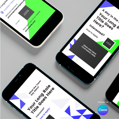 Four smartphones on a gray surface showcase the Forma 40 Collection: Hiring Social Media Story Templates for Canva, featuring bold text, geometric designs, and green, black, and white colors. The Canva logo appears in the bottom right corner.