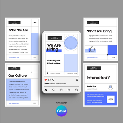 The Forma 20 Collection’s Hiring Social Media Carousel Template for Canva features blue, gray, and white blocks, sleek smartphone mockups, minimal icons, and sections like Who We Are, Our Culture, and What You Bring—perfect for Instagram.