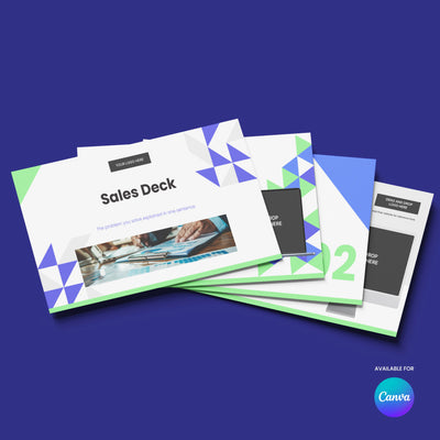 The Forma 40 Sales Deck Template for Canva by More By Us features bold geometric blue and green slides, perfect for startups and tech. Includes text placeholders, a tablet photo, and the Canva logo on a blue background.