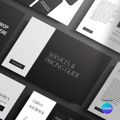 The Proposal Deck Template for Canva – Forma 60 Collection by More By Us | The Brand Store is an editable services and pricing presentation with black, white, and gray pages, client feedback sections, service details, and the Canva logo on each page.