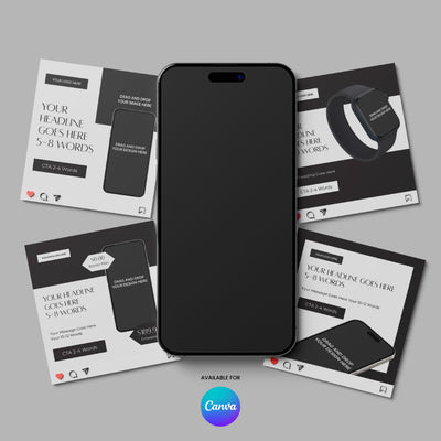 A smartphone is centered on a gray background, surrounded by four black and white Forma 60 Social Media Paid Ad Templates for Canva, featuring sample text and images of devices. An “Available for Canva” label appears at the bottom.