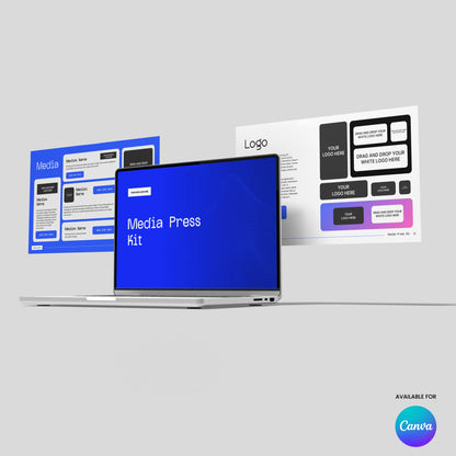 A laptop shows a blue screen with "Media Press Kit" and two floating templates. The Canva logo and "Available for Canva" appear, showcasing the editable Media Press Kit Template for Canva - Forma 30 Collection.