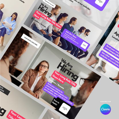 The Social Media Hiring Ad Templates for Canva - Forma 10 Collection showcases diverse office scenes, bold headlines, sample job titles, and apply buttons, all branded with the Canva logo in the corner.