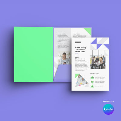An open folder with a green left side and a right side showing The Brand Store by More By Us’s Case Study Template for Canva from the Forma 40 Collection, featuring editable client success story layouts, graphics, and photos on a purple background. Canva logo in corner.