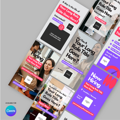 Showcasing the Hiring Social Media Story Templates for Canva - Forma 10 Collection: diverse, colorful layouts with sample text and imagery—ideal for standout recruitment campaigns and effective "Now Hiring" posts.