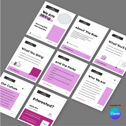 An overhead view of eight recruitment-themed Social Media Hiring Carousel Templates for Canva from the Forma 20 Collection Pink Edition, featuring purple, pink, black, and white blocks highlighting job details, requirements, perks, culture, and how to apply.