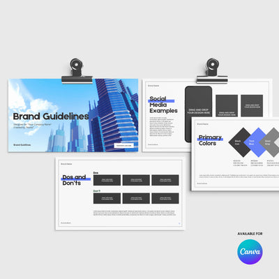 The Modern Brand Identity Template - Forma 20 by More By Us | The Brand Store is a Canva brand guidelines layout for SaaS startups, shown on four slides with branding handover, social media examples, dos and don’ts, and primary colors. Canva logo at bottom right.