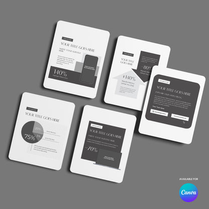 Six white social media post templates from the Forma 60 Collection, featuring dark and light gray infographics, graphs, and text layouts on a light gray background. Canva logo and "Available for Canva" appear in the bottom right corner.