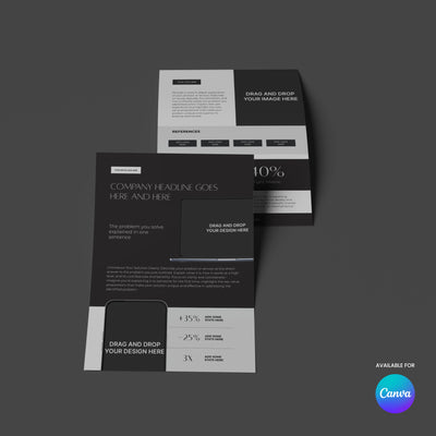 Two dark business flyers from the One-Pager Template for Canva – Forma 60 Collection are displayed on a gray surface, each showing editable sections for company info, services, stats, image zones, and an Available for Canva badge in the bottom-right corner.