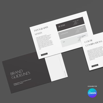 A flat lay of three pages from the "Brand Guidelines Template for Canva – Forma 60 Collection" by More By Us | The Brand Store, showing editable sections on typography, color combos, and the cover. Canva logo appears in the lower right corner.