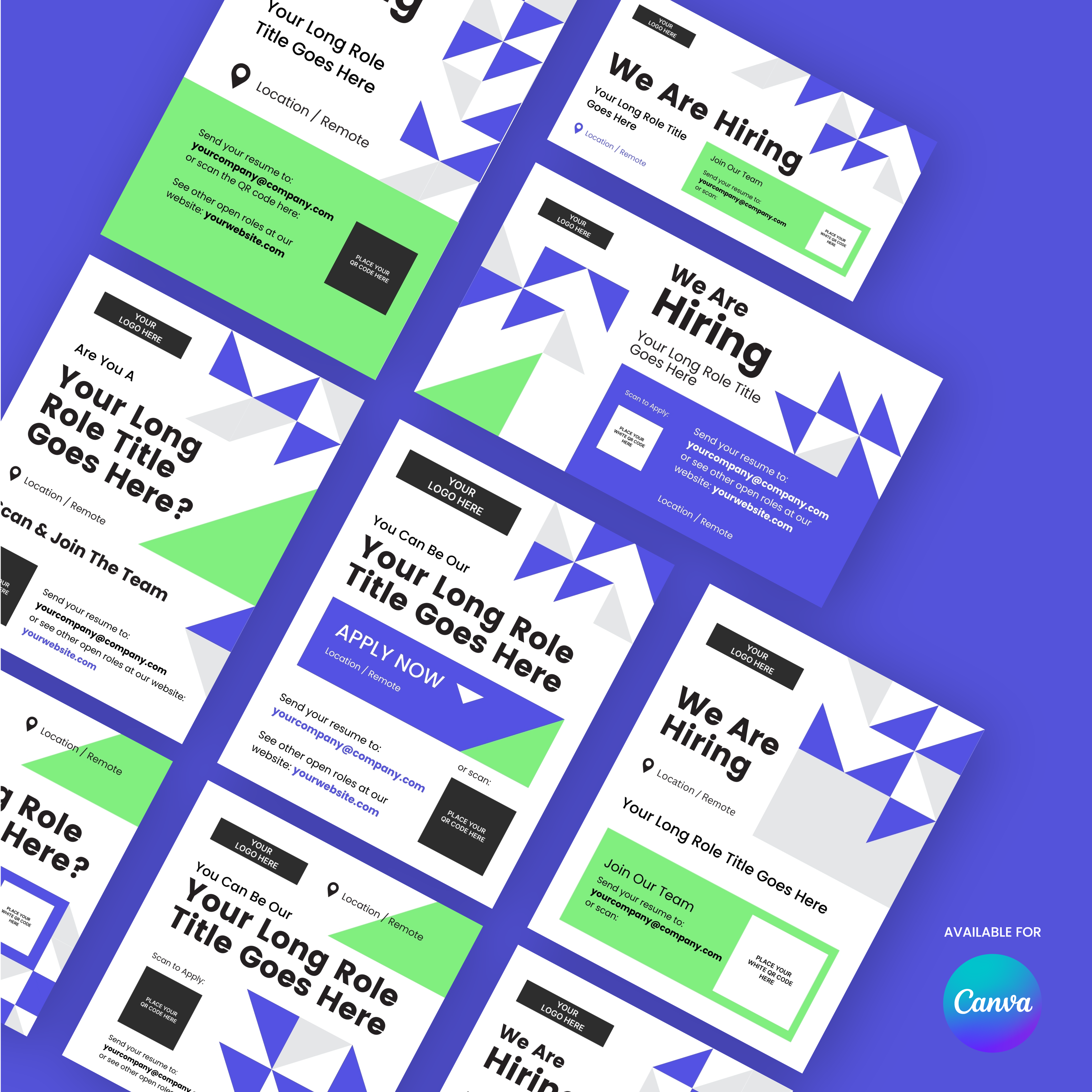 The Social Media Hiring Ad Templates for Canva - Forma 40 Collection features geometric designs in white, green, blue, and black on a blue background with the Canva logo. Each template includes job details and location icons for recruitment campaigns.