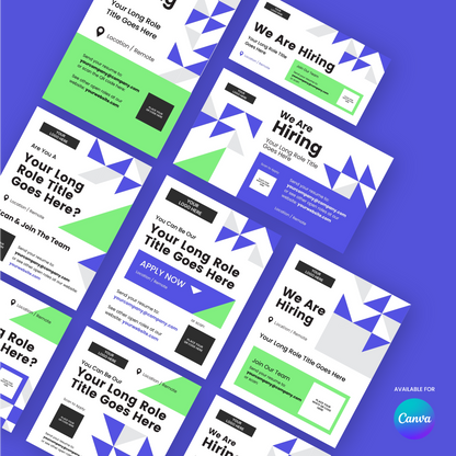The Social Media Hiring Ad Templates for Canva - Forma 40 Collection features geometric designs in white, green, blue, and black on a blue background with the Canva logo. Each template includes job details and location icons for recruitment campaigns.