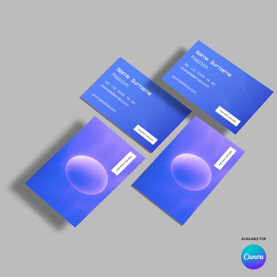 Four modern business cards from The Brand Store by More By Us’s Bold Grid Business Card Template for Canva Forma 30 Collection rest on a gray surface, featuring blue-purple gradients, abstract circles, and contact details. Printable and for digital use.