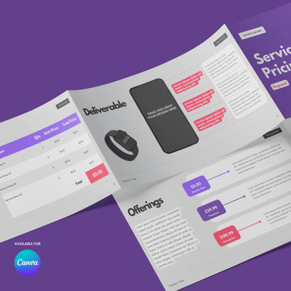 A set of three overlapping Service Proposal & Pricing Presentation sheets from the Forma 10 Collection on a purple surface with tables, text boxes, pricing details, and phone graphic. Available for Canva shown in a blue circle below.