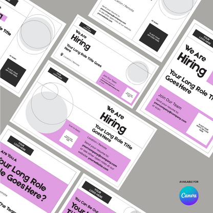 A flat lay of multiple Social Media Hiring Ad Templates for Canva – Forma 20 Collection Pink Edition featuring "We Are Hiring" text, editable job details, a minimalist pink-toned design, and the Canva logo in the corner.
